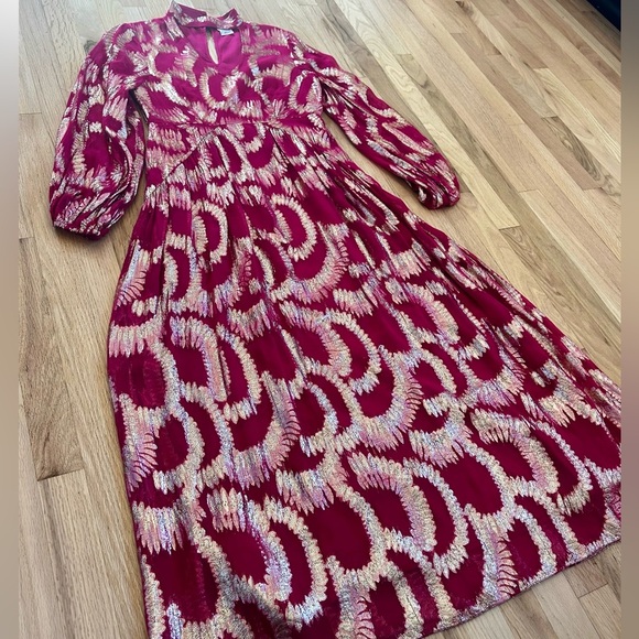 HEMANT & NANDITA anthropologie metallic maxi dress magenta pink gold size 4 - Picture 8 of 14